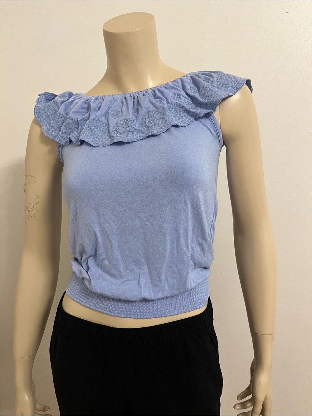 Dex Light Blue Ruffle Off-Shoulder Tee